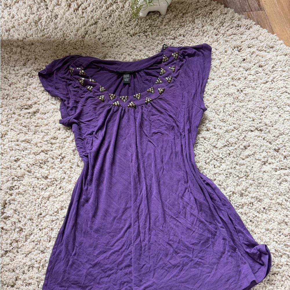 Cable & Gauge Purple Top extra long blouse shirt with Decorative Neckline